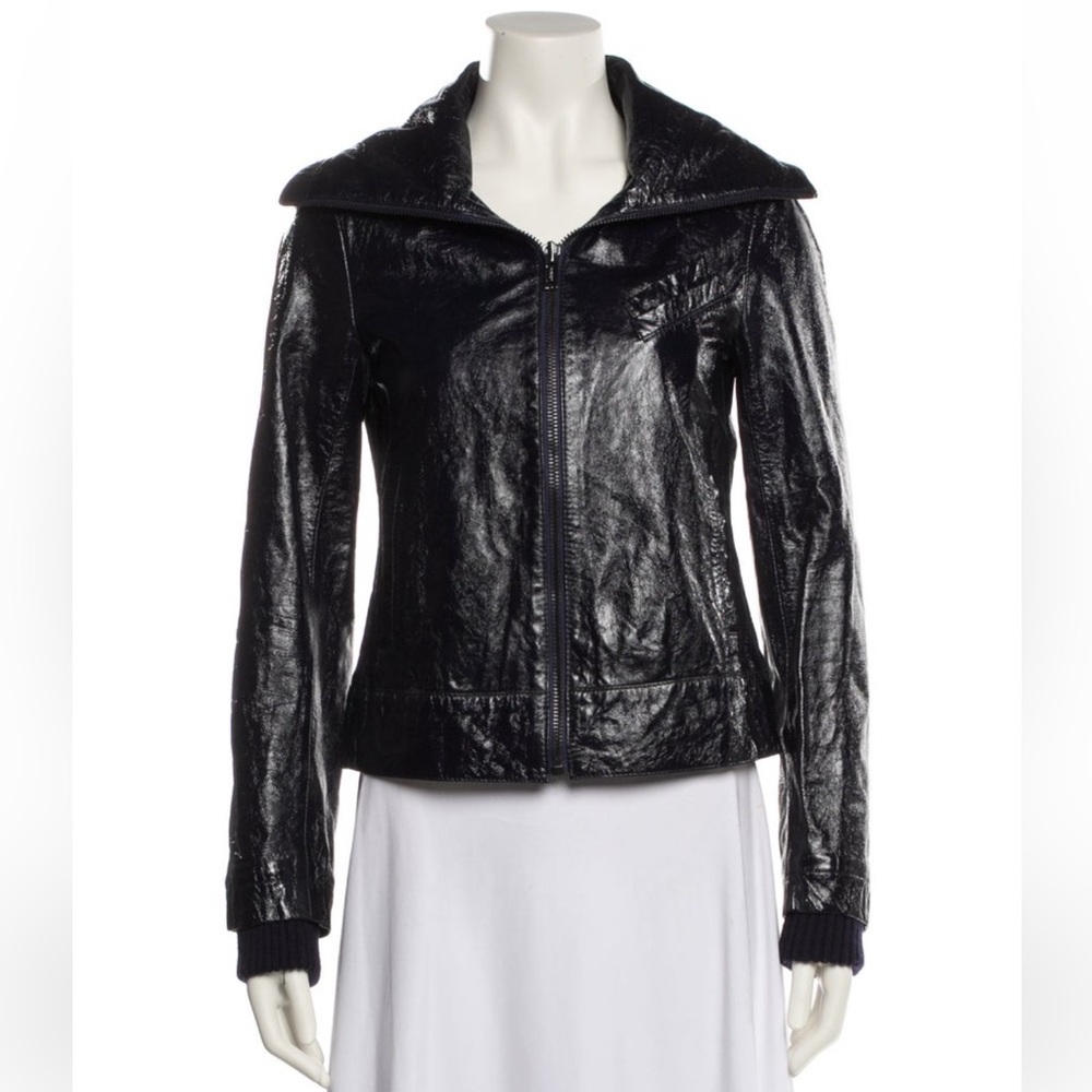 Alice + Olivia Navy Blue Vegan Leather Moto Jacket size Small